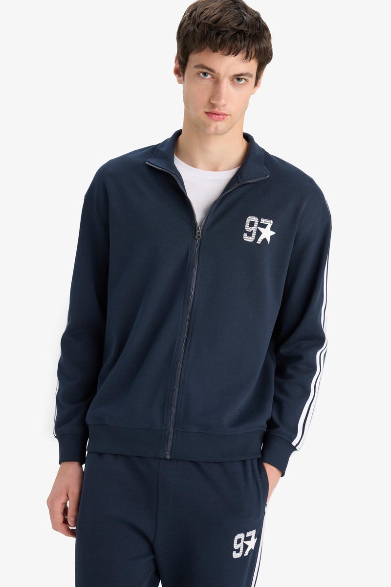 DeFacto Blue Man Boxy Fit Printed Zippered Sweatshirt Casual - Image 4